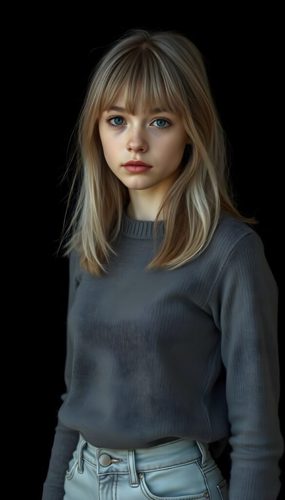 a ((highly detailed, realistic)) (((photo))), capturing a (((young teen girl))), with a delicate yet pale complexion, jet white soft open straight hair with bangs, shoulder length hair, wearing a (((grey wool sweater and grey jeans))), ((stunning)), ((gorgeous)), ((black background)), ((perfect light and shadows)), ((crisp details)), ((rich colors)), (((photo realistic))), ((digital photography)), ((shades of grey)) 4k, HDR.