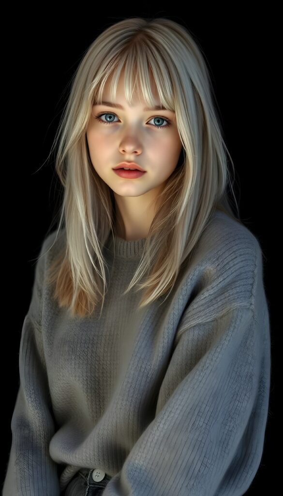a ((highly detailed, realistic)) (((photo))), capturing a (((young teen girl))), with a delicate yet pale complexion, jet white soft open straight hair with bangs, shoulder length hair, wearing a (((grey wool sweater and grey jeans))), ((stunning)), ((gorgeous)), ((black background)), ((perfect light and shadows)), ((crisp details)), ((rich colors)), (((photo realistic))), ((digital photography)), ((shades of grey)) 4k, HDR.