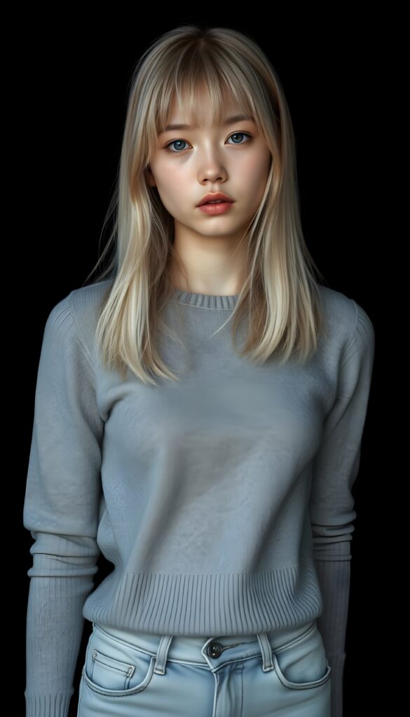 a ((highly detailed, realistic)) (((upper body photo))), capturing a (((young teen girl))), with a delicate yet pale complexion, jet white soft open straight hair with bangs, shoulder length hair, wearing a (((grey tight and fine wool sweater and light grey jeans))), ((stunning)), ((gorgeous)), ((black background)), ((perfect light and shadows)), ((crisp details)), ((rich colors)), (((photo realistic))), ((digital photography)), ((shades of grey)) 4k, HDR.