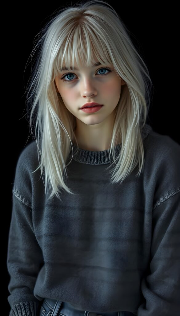 a ((highly detailed, realistic)) (((photo))), capturing a (((young teen girl))), with a delicate yet pale complexion, jet white soft open straight hair with bangs, shoulder length hair, wearing a (((grey wool sweater and grey jeans))), ((stunning)), ((gorgeous)), ((black background)), ((perfect light and shadows)), ((crisp details)), ((rich colors)), (((photo realistic))), ((digital photography)), ((shades of grey)) 4k, HDR.