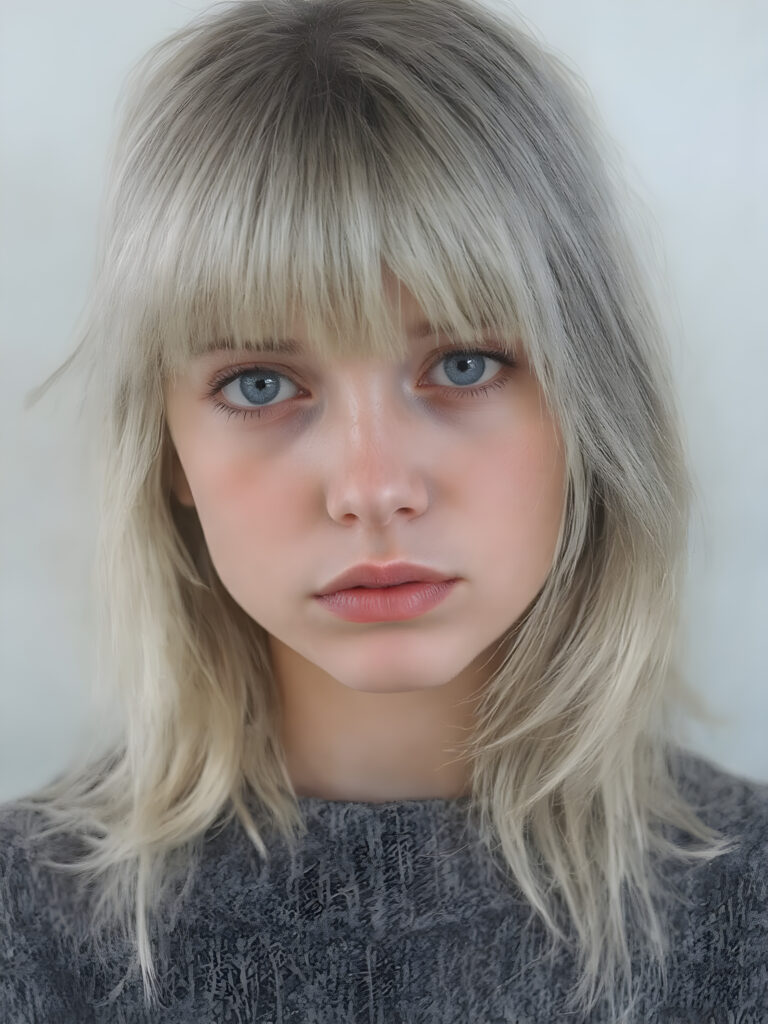 a ((highly detailed, realistic)) (((photo))), capturing a (((young teen girl))), with a delicate yet pale complexion, jet white thick straight hair with bangs, wearing a (((grey wool sweater))), ((stunning)), ((gorgeous)), ((light background)), ((perfect light and shadows)), ((crisp details)), ((rich colors)), (((photo realistic))), ((digital photography))
