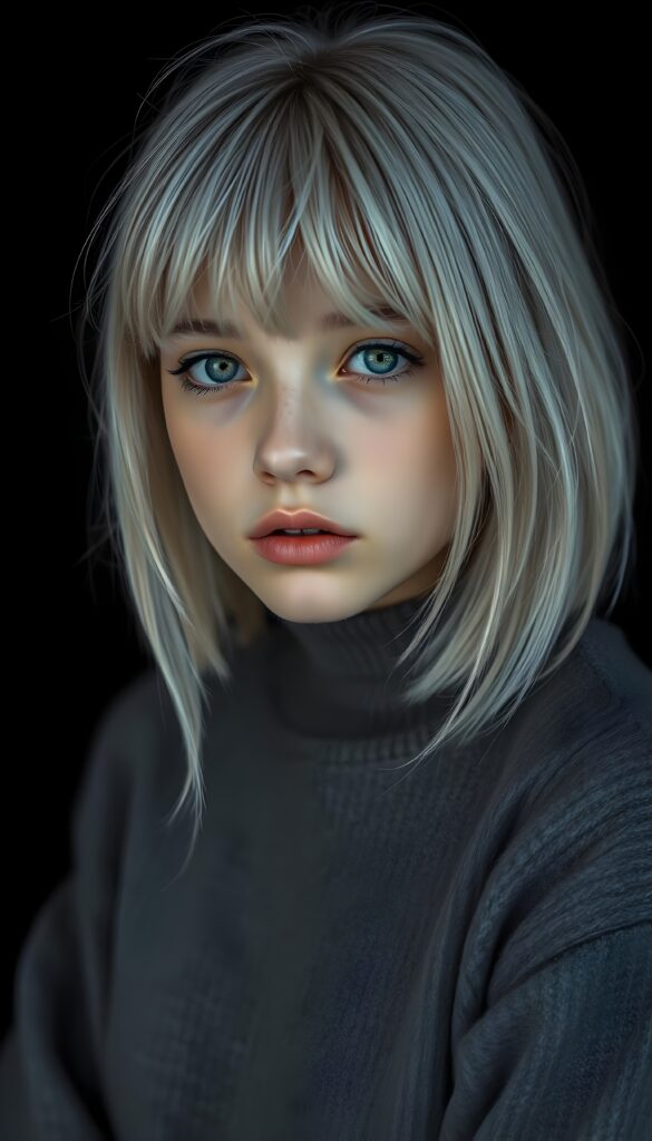 a ((highly detailed, realistic)) (((photo))), capturing a (((young teen girl))), with a delicate yet pale complexion, jet white soft open straight hair with bangs, shoulder length hair, wearing a (((grey wool sweater and grey jeans))), ((stunning)), ((gorgeous)), ((black background)), ((perfect light and shadows)), ((crisp details)), ((rich colors)), (((photo realistic))), ((digital photography)), ((shades of grey)) 4k, HDR.