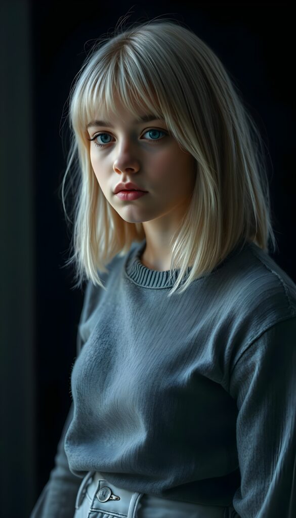 a ((highly detailed, realistic)) (((photo))), capturing a (((young teen girl))), with a delicate yet pale complexion, jet white soft open straight hair with bangs, shoulder length hair, wearing a (((grey wool sweater and grey jeans))), ((stunning)), ((gorgeous)), ((black background)), ((perfect light and shadows)), ((crisp details)), ((rich colors)), (((photo realistic))), ((digital photography)), ((shades of grey)) 4k, HDR.
