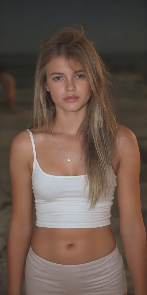 a (((hot summer night at the beach))) where a (((beautiful young teen girl with a sleek, detailed face))) is standing confidently, dressed in a ((thin clingy white top)) and a ((short, clingy summer skirt)). Her light super straight brown hair falls over her body, a (diamond necklace) adds a touch of sophistication to her look, perfectly accentuating her youthful, sophisticated aesthetic, summer vibe