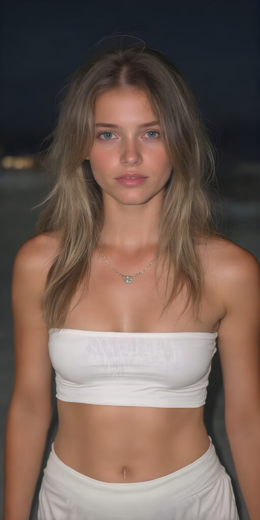 a (((hot summer night at the beach))) where a (((beautiful young teen girl with a sleek, detailed face))) is standing confidently, dressed in a ((thin clingy white top)) and a ((short, clingy summer skirt)). Her light super straight brown hair falls over her body, a (diamond necklace) adds a touch of sophistication to her look, perfectly accentuating her youthful, sophisticated aesthetic, summer vibe