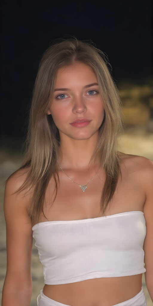a (((hot summer night at the beach))) where a (((beautiful young teen girl with a sleek, detailed face))) is standing confidently, dressed in a ((thin clingy white top)) and a ((short, clingy summer skirt)). Her light super straight brown hair falls over her body, a (diamond necklace) adds a touch of sophistication to her look, perfectly accentuating her youthful, sophisticated aesthetic, summer vibe