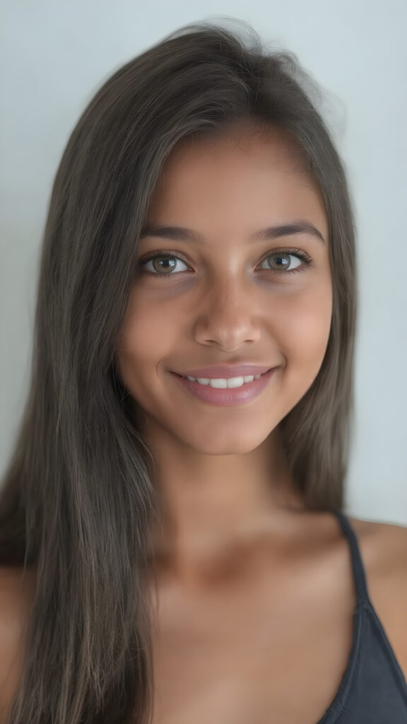a (((hyper-realistic upper body portrait))), captured in a (((very high resolution photograph))), a young tanned Latina teenage girl, 13 years old, with luxuriously long, straight, thick, natural soft dark hair and (perfectly natural amber eyes) wearing a sleek, tight, thin, deep neck dark tank top, flawless complexion. Her skin is exuding (beautifully drawn) on her face, with perfectly straight natural white teeth, smile, against a light grey backdrop, perfect light and shadows