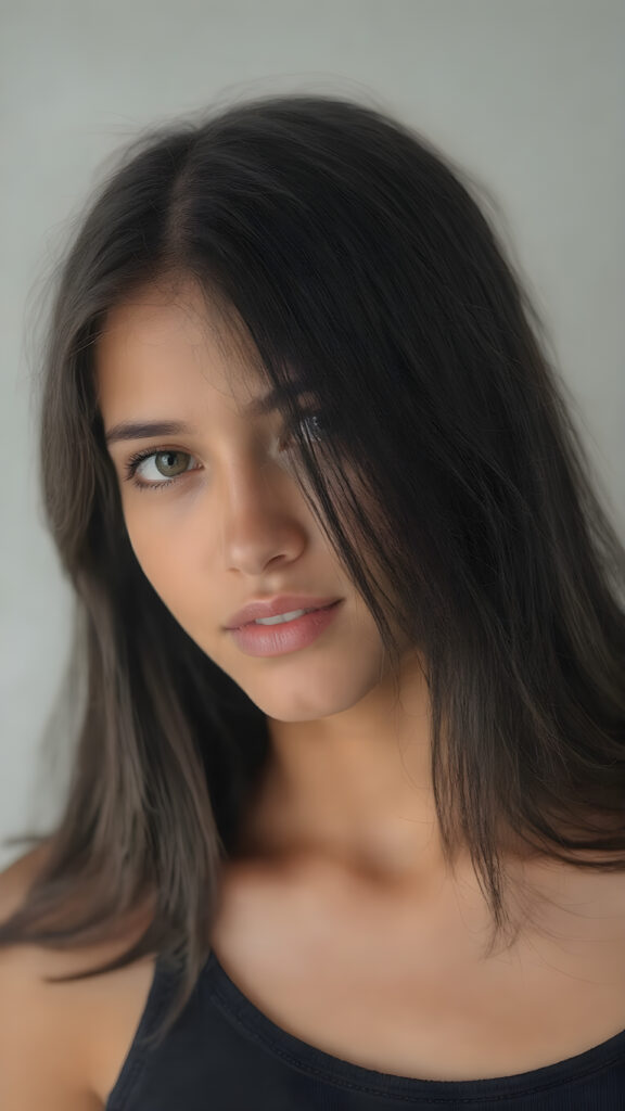 a (((hyper-realistic upper body portrait))), captured in a (((very high resolution photograph))), a young tanned Latina teenage girl, 13 years old, with luxuriously long, straight, thick, natural soft dark hair and (perfectly natural amber eyes) wearing a sleek, tight, thin, deep neck dark tank top, flawless complexion. Her skin is exuding (beautifully drawn) on her face, with perfectly straight natural white teeth, smile, against a light grey backdrop, perfect light and shadows