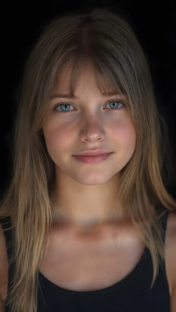 a (((hyper-realistic upper body portrait))), captured in a (((very high resolution photograph))), a young teenage girl, 13 years old, with luxuriously long, straight, thick, natural amber soft hair and (perfectly natural amber eyes) wearing a sleek, tight, thin, deep neck dark tank top, flawless complexion. Her skin is exuding (beautifully drawn) on her face, with perfectly straight natural white teeth, smile, against a black backdrop, perfect light and shadows