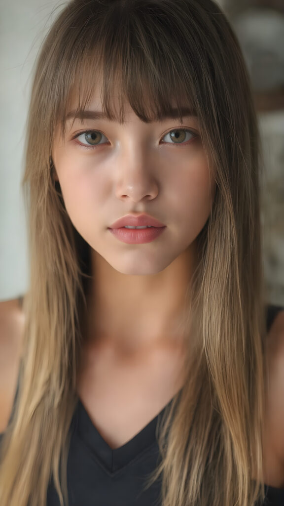 a (((hyper-realistic full body portrait))), captured in a (((very high resolution photograph))), a young girl with luxuriously long, straight, thick, natural long straight soft hair and (perfectly natural amber eyes) wearing a sleek, tight, thin, V-neck dark sports tank top, flawless complexion. Her skin is exuding (beautifully drawn) on her face, with perfectly straight natural white teeth that are clearly visible in a full body view, Asian Style