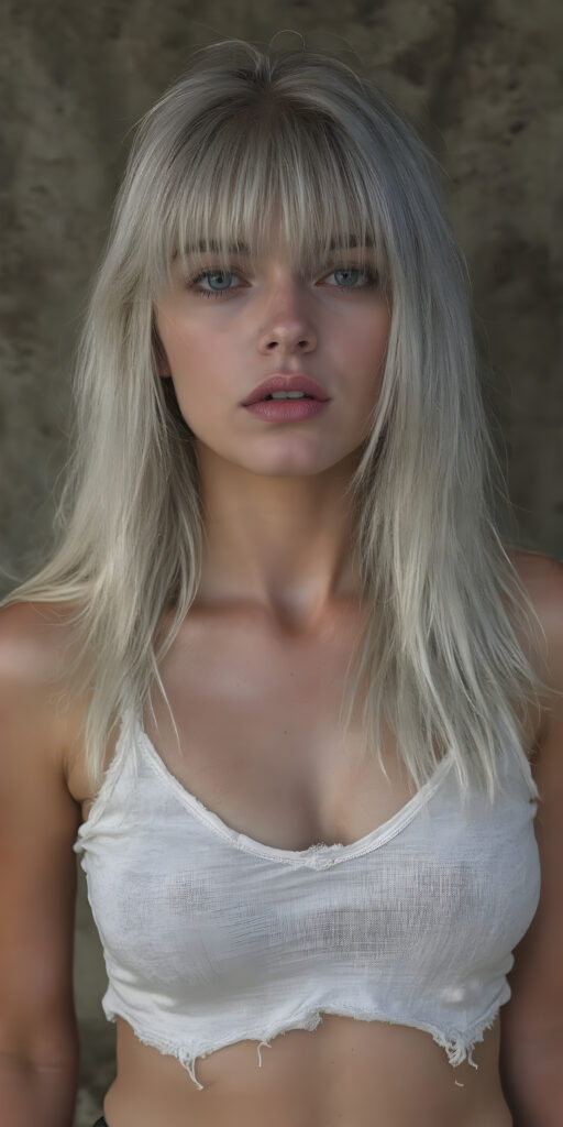 a (((hyper-realistic full angle body shot))), with intricate details and highly detailed textures, capturing a (((very beautiful busty dirty teen girl))) with ((dirty skin)) and ((extremely long, sleek straight white hair, bangs)), wearing a ((white cropped tattered tank top, deep v-neck)) that stands out against a (very dirty backdrop), her face poised in a ((natural pose)) with ((her lips open wide, half closed eyes)) as if she is ((exuding confidence)) at a (professional studio photo shoot)