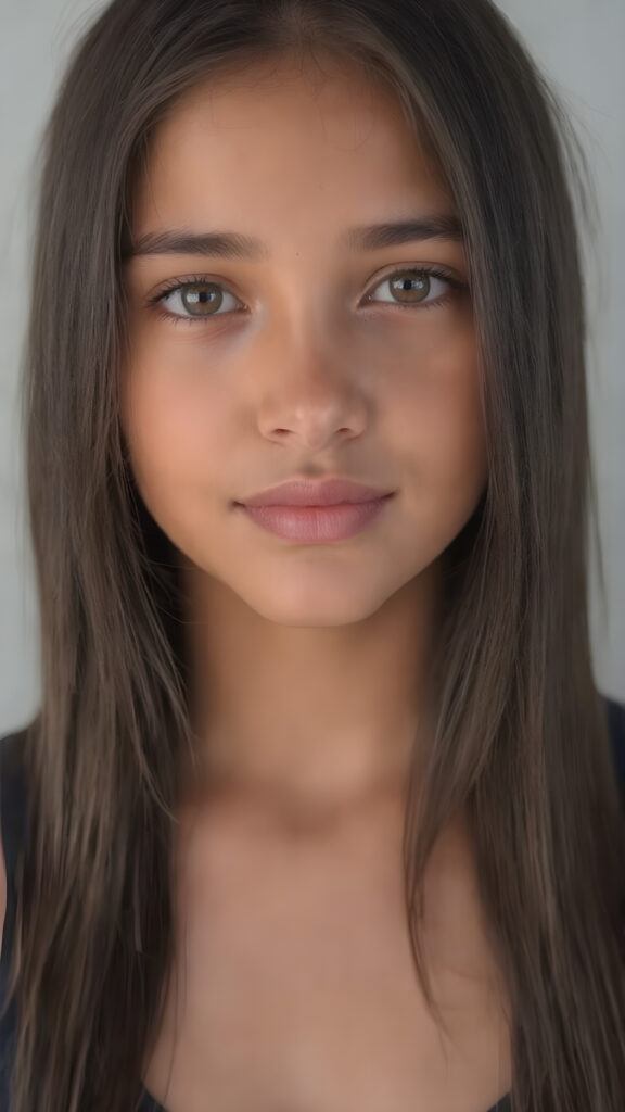 a (((hyper-realistic upper body portrait))), captured in a (((very high resolution photograph))), a young tanned Latina teenage girl, 13 years old, with luxuriously long, straight, thick, natural soft dark hair and (perfectly natural amber eyes) wearing a sleek, tight, thin, deep neck dark tank top, flawless complexion. Her skin is exuding (beautifully drawn) on her face, with perfectly straight natural white teeth, smile, against a light grey backdrop, perfect light and shadows