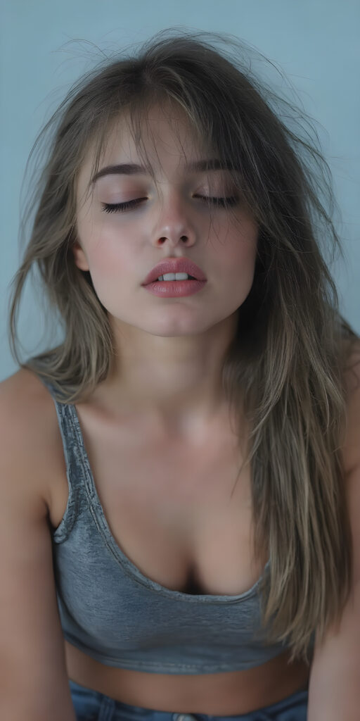 a (((hyper-realistic full angle body shot))), with intricate details and highly detailed textures, capturing a (((very beautiful young busty girl))) with ((silver skin)) and ((extremely long, sleek messy dark straight hair)), wearing a ((grey cropped tattered tank top, deep v-neck)) that stands out against a (light blue backdrop), her face poised in a ((natural pose, sitting in her bedroom)) with ((her lips open wide, closed eyes)) as if she is ((exuding confidence)) at a (professional studio photo shoot)