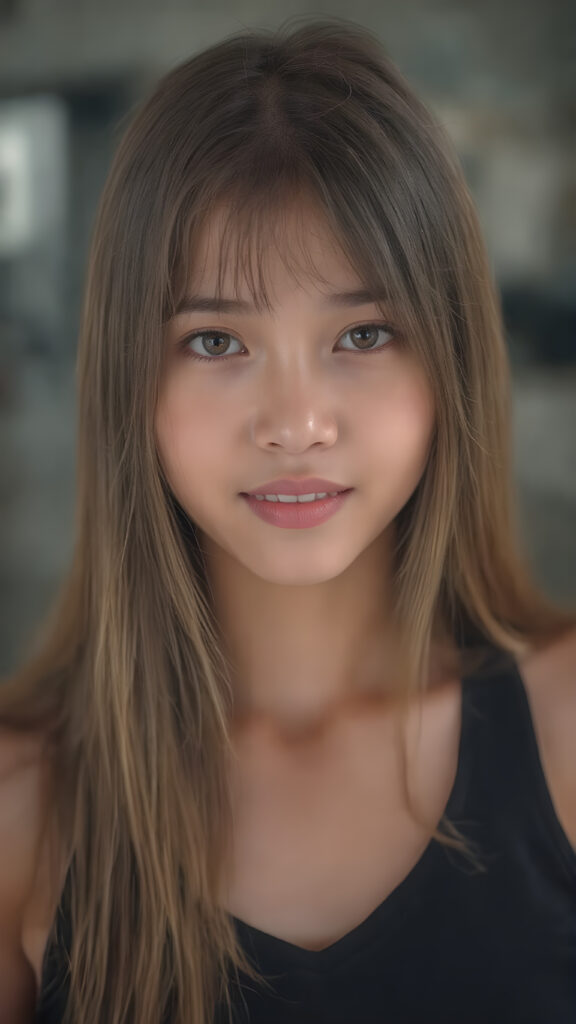 a (((hyper-realistic full body portrait))), captured in a (((very high resolution photograph))), a young girl with luxuriously long, straight, thick, natural long straight soft hair and (perfectly natural amber eyes) wearing a sleek, tight, thin, V-neck dark sports tank top, flawless complexion. Her skin is exuding (beautifully drawn) on her face, with perfectly straight natural white teeth that are clearly visible in a full body view, Asian Style