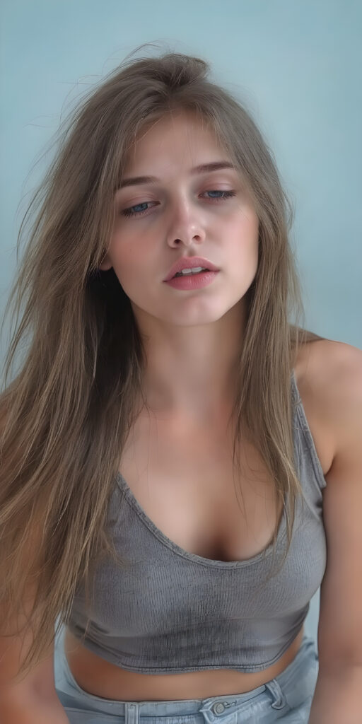 a (((hyper-realistic full angle body shot))), with intricate details and highly detailed textures, capturing a (((very beautiful young busty girl))) with ((silver skin)) and ((extremely long, sleek messy dark straight hair)), wearing a ((grey cropped tattered tank top, deep v-neck)) that stands out against a (light blue backdrop), her face poised in a ((natural pose, sitting in her bedroom)) with ((her lips open wide, closed eyes)) as if she is ((exuding confidence)) at a (professional studio photo shoot)