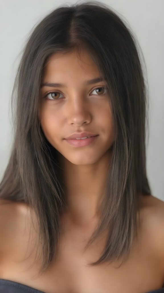 a (((hyper-realistic upper body portrait))), captured in a (((very high resolution photograph))), a young tanned Latina teenage girl, 13 years old, with luxuriously long, straight, thick, natural soft dark hair and (perfectly natural amber eyes) wearing a sleek, tight, thin, deep neck dark tank top, flawless complexion. Her skin is exuding (beautifully drawn) on her face, with perfectly straight natural white teeth, smile, against a light grey backdrop, perfect light and shadows