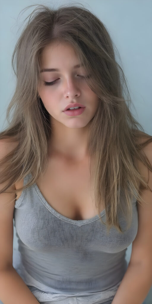 a (((hyper-realistic full angle body shot))), with intricate details and highly detailed textures, capturing a (((very beautiful young busty girl))) with ((silver skin)) and ((extremely long, sleek messy dark straight hair)), wearing a ((grey cropped tattered tank top, deep v-neck)) that stands out against a (light blue backdrop), her face poised in a ((natural pose, sitting in her bedroom)) with ((her lips open wide, closed eyes)) as if she is ((exuding confidence)) at a (professional studio photo shoot)