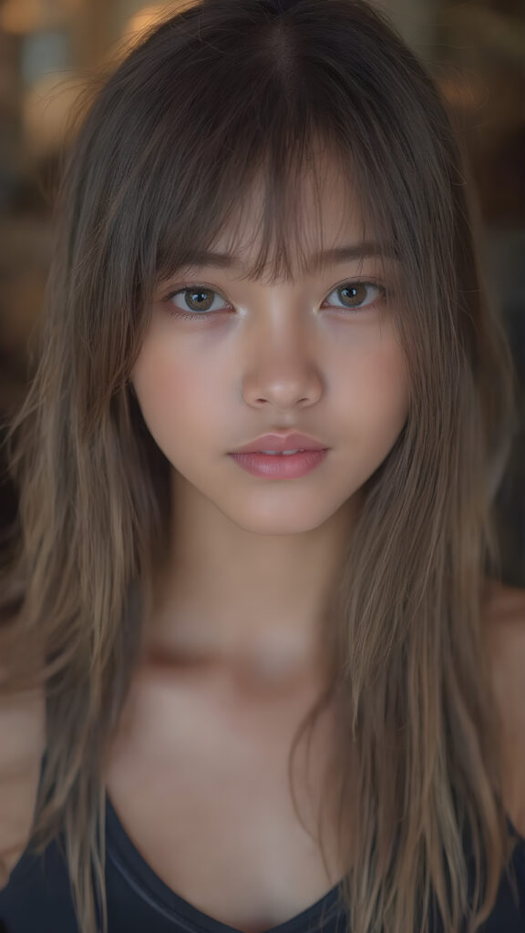 a (((hyper-realistic full body portrait))), captured in a (((very high resolution photograph))), a young girl with luxuriously long, straight, thick, natural long straight soft hair and (perfectly natural amber eyes) wearing a sleek, tight, thin, V-neck dark sports tank top, flawless complexion. Her skin is exuding (beautifully drawn) on her face, with perfectly straight natural white teeth that are clearly visible in a full body view, Asian Style