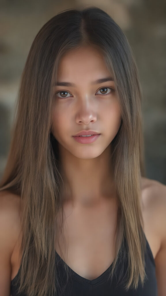 a (((hyper-realistic full body portrait))), captured in a (((very high resolution photograph))), a young girl with luxuriously long, straight, thick, natural long straight soft hair and (perfectly natural amber eyes) wearing a sleek, tight, thin, V-neck dark sports tank top, flawless complexion. Her skin is exuding (beautifully drawn) on her face, with perfectly straight natural white teeth that are clearly visible in a full body view, Asian Style