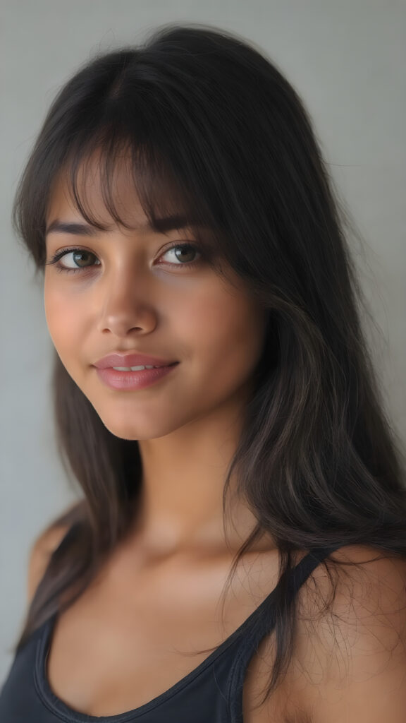a (((hyper-realistic upper body portrait))), captured in a (((very high resolution photograph))), a young tanned Latina teenage girl, 13 years old, with luxuriously long, straight, thick, natural soft dark hair and (perfectly natural amber eyes) wearing a sleek, tight, thin, deep neck dark tank top, flawless complexion. Her skin is exuding (beautifully drawn) on her face, with perfectly straight natural white teeth, smile, against a light grey backdrop, perfect light and shadows