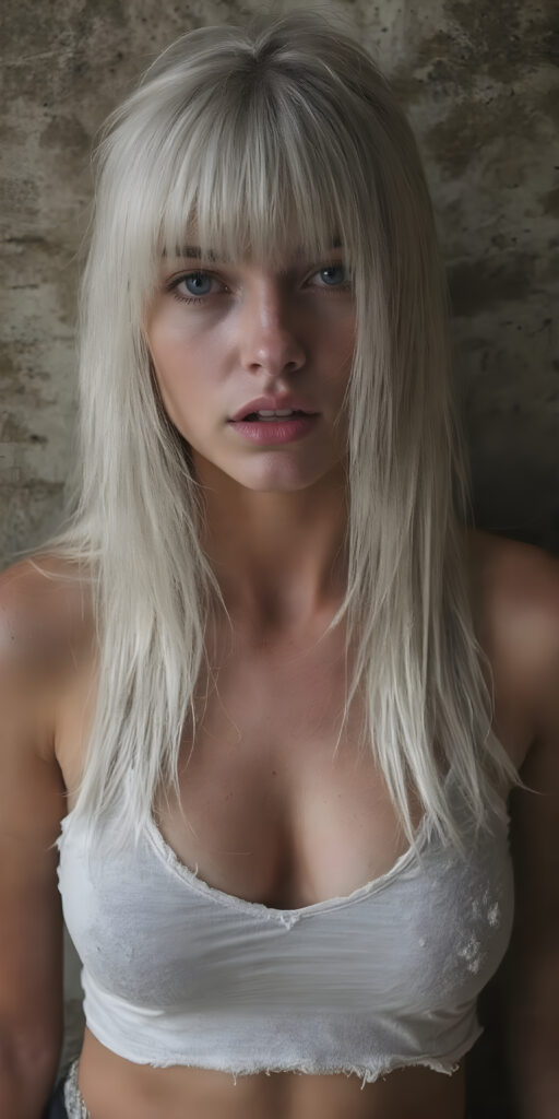 a (((hyper-realistic full angle body shot))), with intricate details and highly detailed textures, capturing a (((very beautiful busty dirty teen girl))) with ((dirty skin)) and ((extremely long, sleek straight white hair, bangs)), wearing a ((white cropped tattered tank top, deep v-neck)) that stands out against a (very dirty backdrop), her face poised in a ((natural pose)) with ((her lips open wide, half closed eyes)) as if she is ((exuding confidence)) at a (professional studio photo shoot)