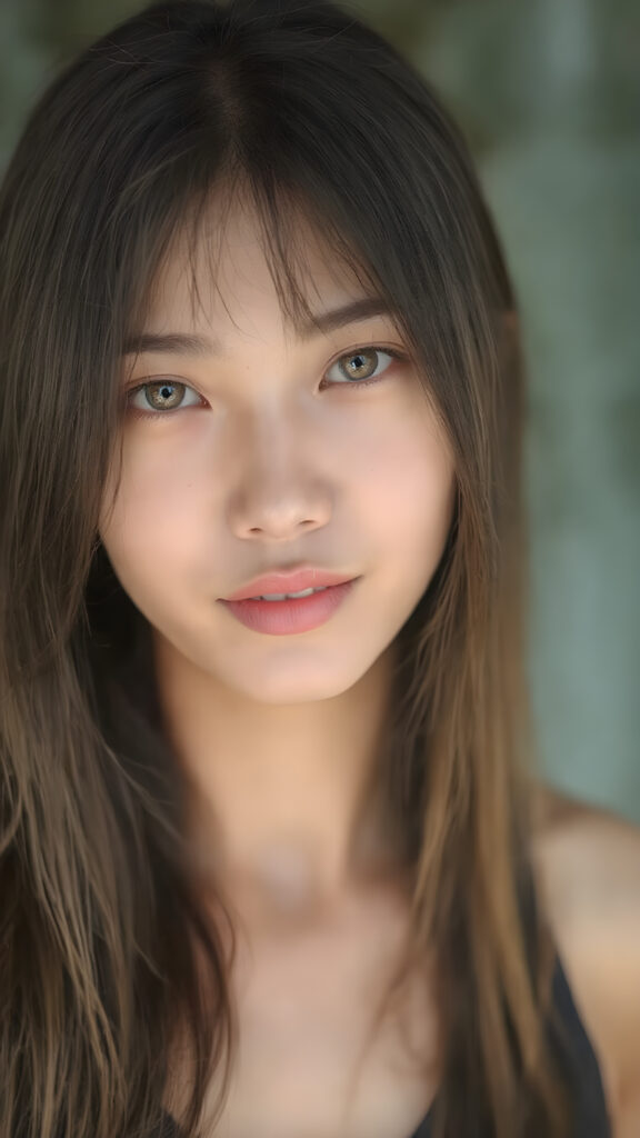 a (((hyper-realistic full body portrait))), captured in a (((very high resolution photograph))), a young girl with luxuriously long, straight, thick, natural long straight soft hair and (perfectly natural amber eyes) wearing a sleek, tight, thin, V-neck dark sports tank top, flawless complexion. Her skin is exuding (beautifully drawn) on her face, with perfectly straight natural white teeth that are clearly visible in a full body view, Asian Style