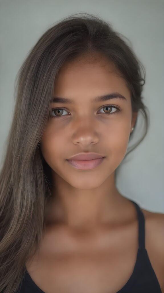 a (((hyper-realistic upper body portrait))), captured in a (((very high resolution photograph))), a young tanned Latina teenage girl, 13 years old, with luxuriously long, straight, thick, natural soft dark hair and (perfectly natural amber eyes) wearing a sleek, tight, thin, deep neck dark tank top, flawless complexion. Her skin is exuding (beautifully drawn) on her face, with perfectly straight natural white teeth, smile, against a light grey backdrop, perfect light and shadows