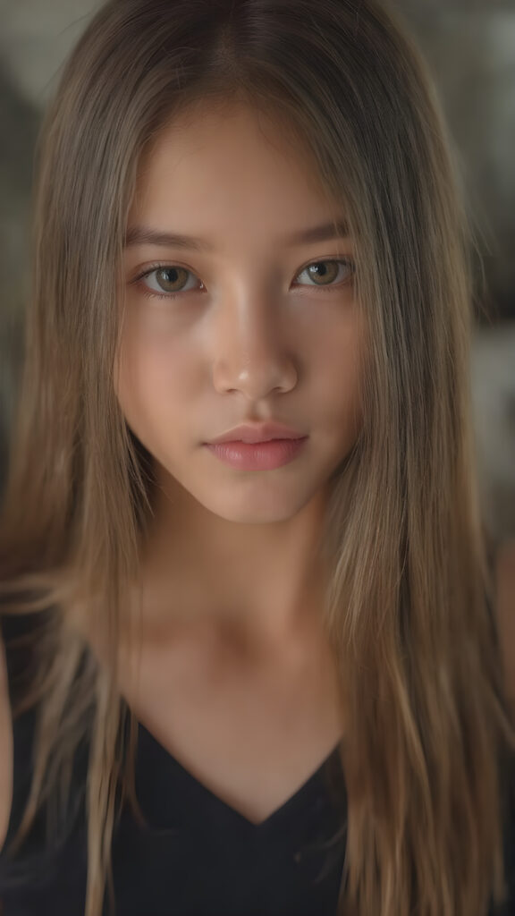 a (((hyper-realistic full body portrait))), captured in a (((very high resolution photograph))), a young girl with luxuriously long, straight, thick, natural long straight soft hair and (perfectly natural amber eyes) wearing a sleek, tight, thin, V-neck dark sports tank top, flawless complexion. Her skin is exuding (beautifully drawn) on her face, with perfectly straight natural white teeth that are clearly visible in a full body view, Asian Style