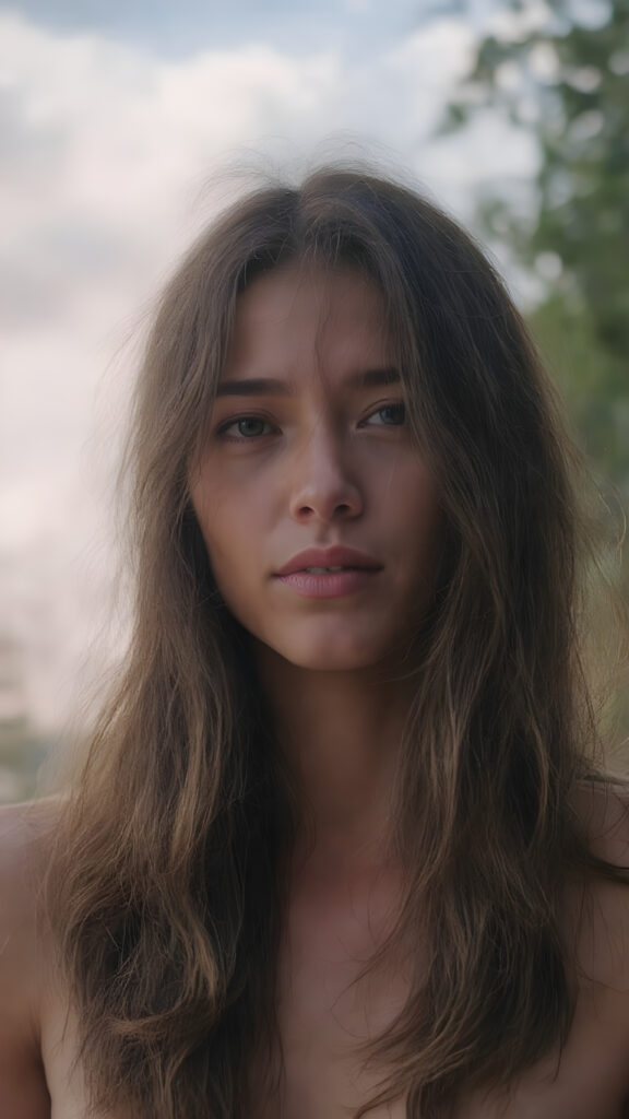 a (hyper-realistic, highly-detailed, vivid ((full body))), with ((warm highlights)) ((soft light)) from the front, of a very beautiful young woman with ((long, thick, wavy ((black hair)) with ((deep red highlights)) that gently flows down to her shoulders)), and ((detailed eyes)) that convey a gentle ((vivid happiness)) in a natural (summer setting) with ((dark, sun-touched clouds)) hanging overhead and ((beautifully detailed intricate thin lines)) of ((golden blonde)) and ((pale skin)) that suggest a (natural, warm glow) of the surroundings. It is dusk.