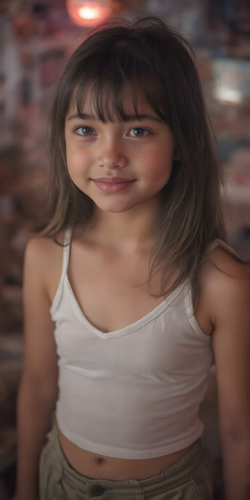 a (hyper-realistic, highly-detailed, vivid (((full body ((profile)) photo))), with ((warm glowing highlights)), ((softly backlit)), of a cute, innocent, ((skinny but toned)), ((young girl)) with a ((perfect round, plump lips)), and ((semi-long, straight, black, casually styled hair)), wearing a ((white short tank top, deep v-neck, well busty, perfect curved)), paired with ((short pants)), in a ((natural, cheerful, happy expressions)), and ((looking directly into the camera))