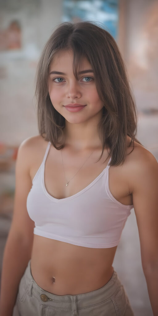 a (hyper-realistic, highly-detailed, vivid (((full body ((profile)) photo))), with ((warm glowing highlights)), ((softly backlit)), of an innocent, ((skinny but toned)), ((young teen girl)) with a ((perfect round, plump lips)), and ((semi-long, straight, black, casually styled hair)), wearing a ((white short tank top, deep v-neck, well busty, perfect curved)), paired with ((short pants)), in a ((natural, cheerful, happy expressions)), and ((looking directly into the camera))