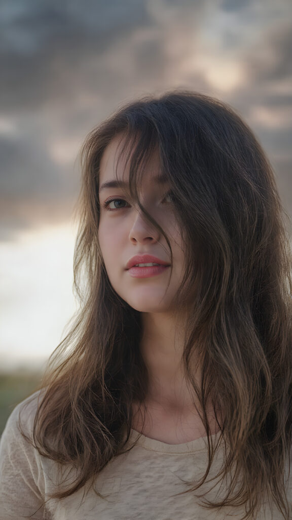 a (hyper-realistic, highly-detailed, vivid ((full body))), with ((warm highlights)) ((soft light)) from the front, of a very beautiful young woman with ((long, thick, wavy ((black hair)) with ((deep red highlights)) that gently flows down to her shoulders)), and ((detailed eyes)) that convey a gentle ((vivid happiness)) in a natural (summer setting) with ((dark, sun-touched clouds)) hanging overhead and ((beautifully detailed intricate thin lines)) of ((golden blonde)) and ((pale skin)) that suggest a (natural, warm glow) of the surroundings. It is dusk.