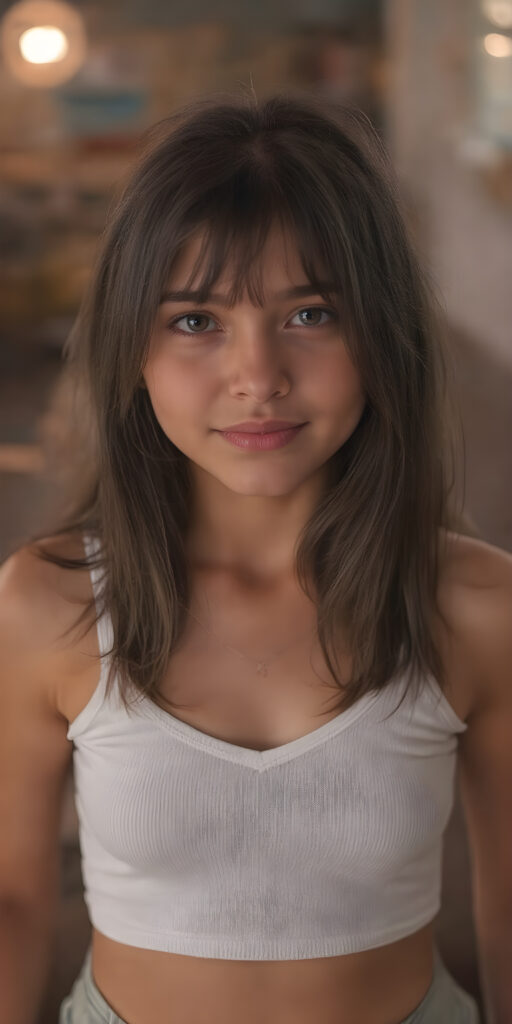 a (hyper-realistic, highly-detailed, vivid (((full body ((profile)) photo))), with ((warm glowing highlights)), ((softly backlit)), of an innocent, ((skinny but toned)), ((young teen girl)) with a ((perfect round, plump lips)), and ((semi-long, straight, black, casually styled hair)), wearing a ((white short tank top, deep v-neck, well busty, perfect curved)), paired with ((short pants)), in a ((natural, cheerful, happy expressions)), and ((looking directly into the camera))