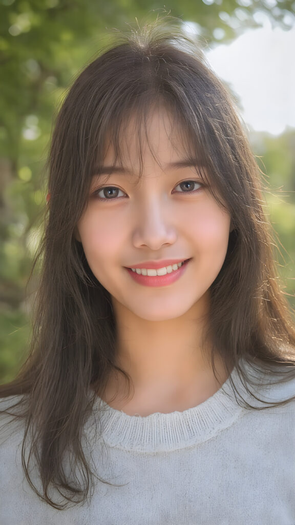 a (hyper-realistic, highly-detailed, vivid (((photo))), with ((warm highlights)), (((dramatic cool-toned diffuse back-lighting))), ((crisp details)), captured at ((the peak of the season)) for a (beautiful young Japanese teen girl) with ((long, soft, black jet soft hair)), ((amber eyes)), round face, full lips, smile, white teeth, ((natural light makeup)), and ((detailed, matching, perfect teeth)), in a ((natural pose)), exuding ((full body allure)), she wears a fine sweater, all against a natural backdrop in a sunny green park