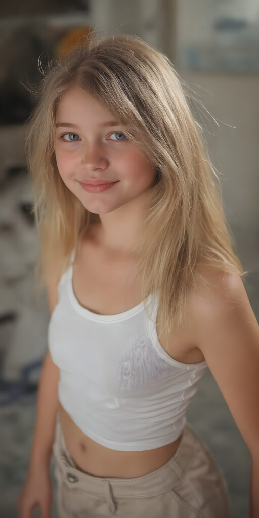 a (hyper-realistic, highly-detailed, vivid (((full body ((profile)) photo))), with ((warm glowing highlights)), ((softly backlit)), of a cute, innocent, ((skinny but toned)), ((young girl)) with a ((perfect round, plump lips)), and ((semi-long, straight, blonde, casually styled hair)), wearing a ((white short tank top)), paired with ((short pants)), in a ((natural, cheerful, happy expressions)), and ((looking directly into the camera))