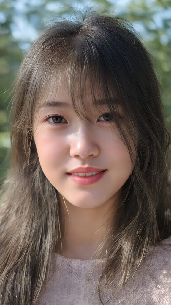 a (hyper-realistic, highly-detailed, vivid (((photo))), with ((warm highlights)), (((dramatic cool-toned diffuse back-lighting))), ((crisp details)), captured at ((the peak of the season)) for a (beautiful young Japanese teen girl) with ((long, soft, black jet soft hair)), ((amber eyes)), round face, full lips, smile, white teeth, ((natural light makeup)), and ((detailed, matching, perfect teeth)), in a ((natural pose)), exuding ((full body allure)), she wears a fine sweater, all against a natural backdrop in a sunny green park