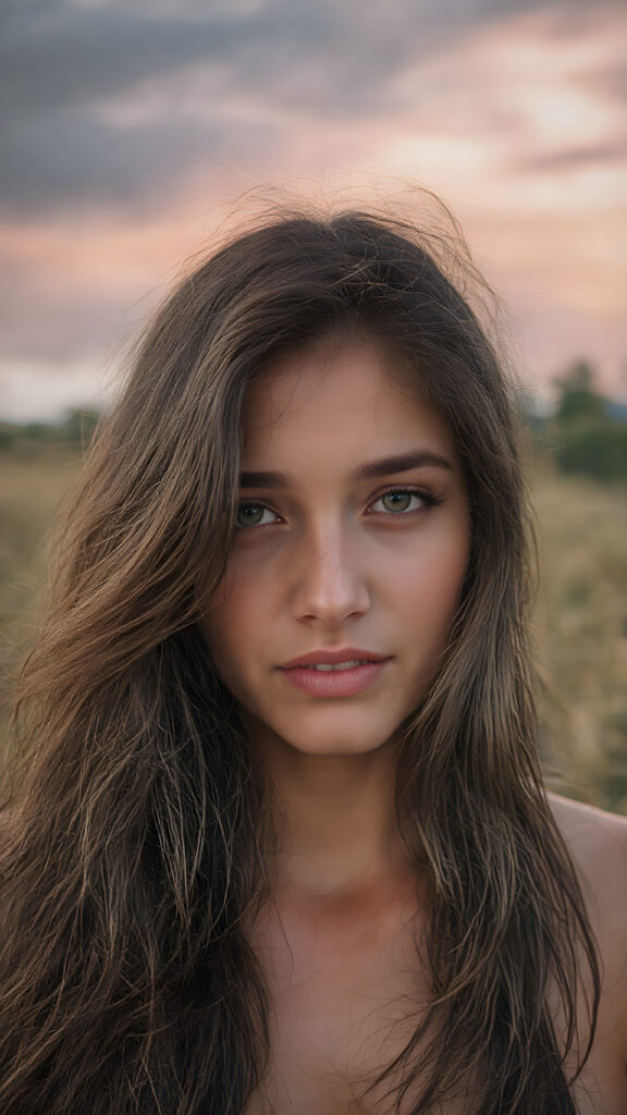 a (hyper-realistic, highly-detailed, vivid ((full body))), with ((warm highlights)) ((soft light)) from the front, of a very beautiful young woman with ((long, thick, wavy ((black hair)) with ((deep red highlights)) that gently flows down to her shoulders)), and ((detailed eyes)) that convey a gentle ((vivid happiness)) in a natural (summer setting) with ((dark, sun-touched clouds)) hanging overhead and ((beautifully detailed intricate thin lines)) of ((golden blonde)) and ((pale skin)) that suggest a (natural, warm glow) of the surroundings. It is dusk.
