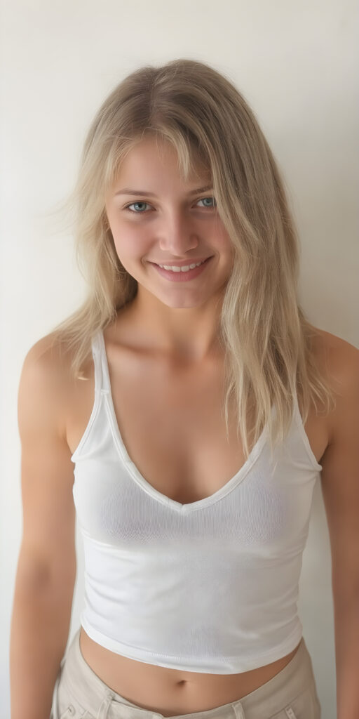 a (hyper-realistic, highly-detailed, vivid (((full body ((profile)) photo))), with ((warm glowing highlights)), ((softly backlit)), of a cute, innocent, ((skinny but toned)), ((young girl)) with a ((perfect round, plump lips)), and ((semi-long, straight, blonde, casually styled hair)), wearing a ((white short tank top)), paired with ((short pants)), in a ((natural, cheerful, happy expressions)), and ((looking directly into the camera))
