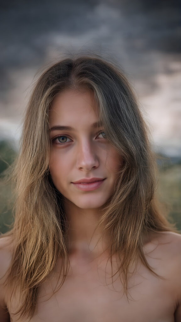 a (hyper-realistic, highly-detailed, vivid ((full body))), with ((warm highlights)) ((soft light)) from the front, of a very beautiful young woman with ((long, thick, wavy ((black hair)) with ((deep red highlights)) that gently flows down to her shoulders)), and ((detailed eyes)) that convey a gentle ((vivid happiness)) in a natural (summer setting) with ((dark, sun-touched clouds)) hanging overhead and ((beautifully detailed intricate thin lines)) of ((golden blonde)) and ((pale skin)) that suggest a (natural, warm glow) of the surroundings. It is dusk.