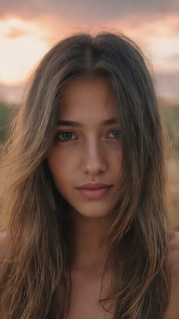 a (hyper-realistic, highly-detailed, vivid ((full body))), with ((warm highlights)) ((soft light)) from the front, of a very beautiful young woman with ((long, thick, wavy ((black hair)) with ((deep red highlights)) that gently flows down to her shoulders)), and ((detailed eyes)) that convey a gentle ((vivid happiness)) in a natural (summer setting) with ((dark, sun-touched clouds)) hanging overhead and ((beautifully detailed intricate thin lines)) of ((golden blonde)) and ((pale skin)) that suggest a (natural, warm glow) of the surroundings. It is dusk.