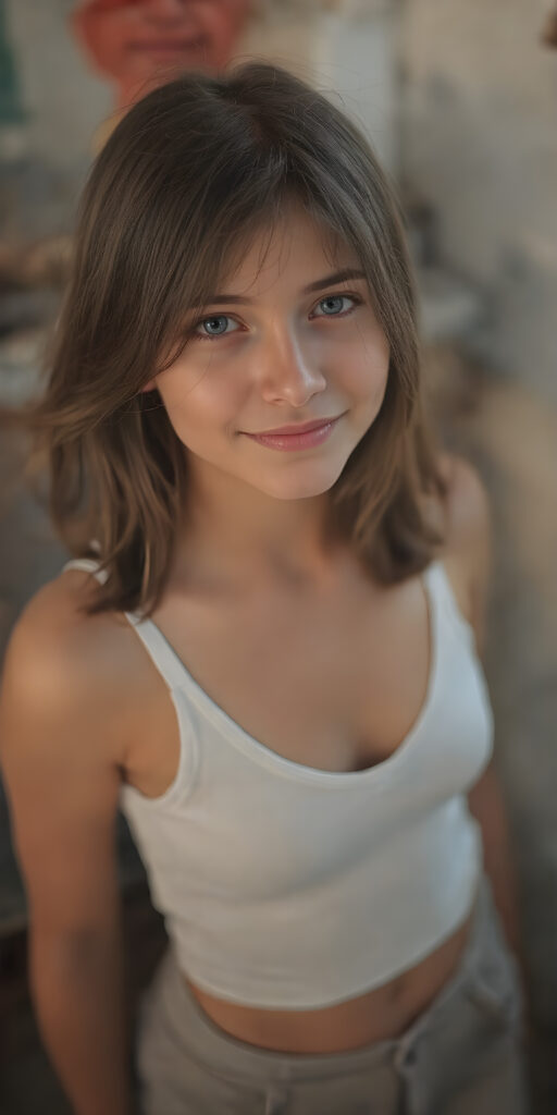 a (hyper-realistic, highly-detailed, vivid (((full body ((profile)) photo))), with ((warm glowing highlights)), ((softly backlit)), of a cute, innocent, ((skinny but toned)), ((young girl)) with a ((perfect round, plump lips)), and ((semi-long, straight, black, casually styled hair)), wearing a ((white short tank top, deep v-neck, well busty, perfect curved)), paired with ((short pants)), in a ((natural, cheerful, happy expressions)), and ((looking directly into the camera))