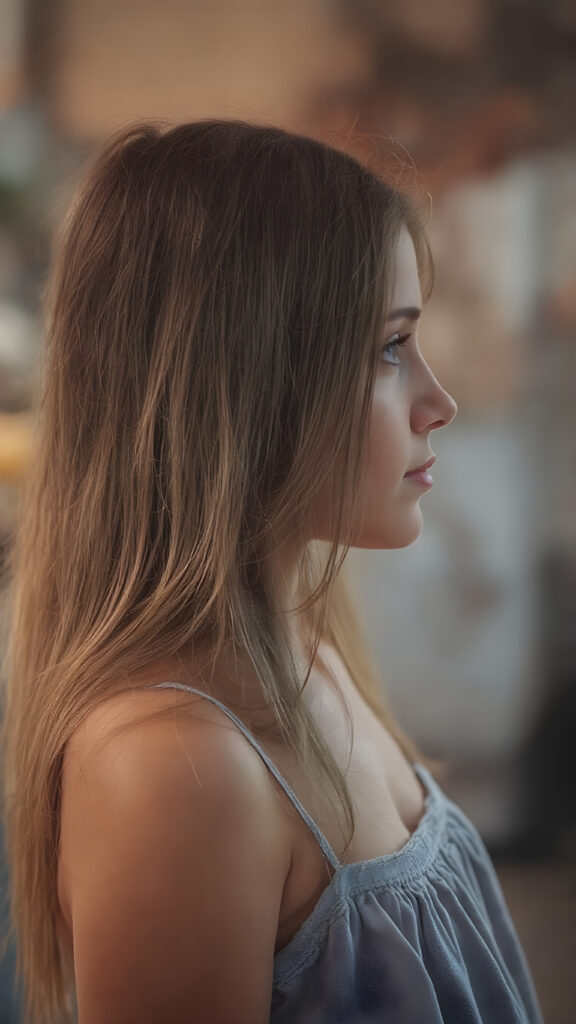 a (hyper-realistic, highly-detailed, vivid (((full body ((profile)) photo))), with ((warm glowing highlights)), ((softly backlit)), of a cute, innocent young Latin girl with long, straight soft hair, side view