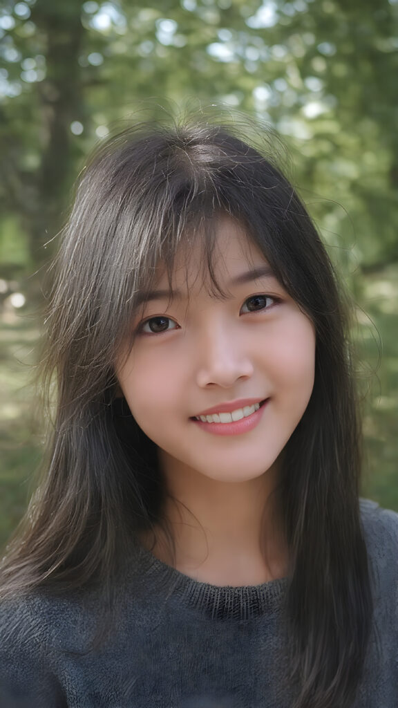 a (hyper-realistic, highly-detailed, vivid (((photo))), with ((warm highlights)), (((dramatic cool-toned diffuse back-lighting))), ((crisp details)), captured at ((the peak of the season)) for a (beautiful young Japanese teen girl) with ((long, soft, black jet soft hair)), ((amber eyes)), round face, full lips, smile, white teeth, ((natural light makeup)), and ((detailed, matching, perfect teeth)), in a ((natural pose)), exuding ((full body allure)), she wears a fine sweater, all against a natural backdrop in a sunny green park