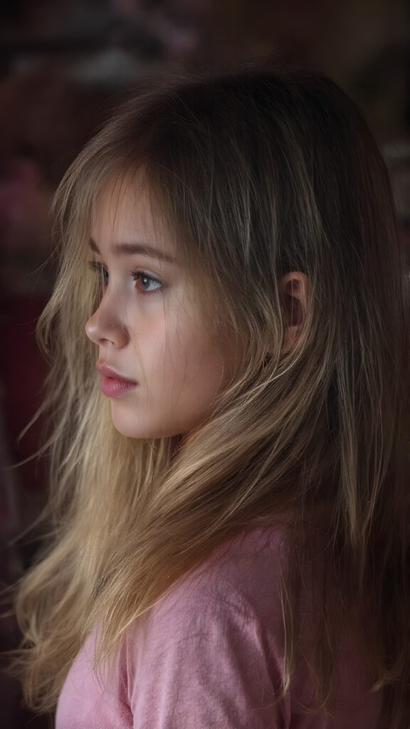 a (hyper-realistic, highly-detailed, vivid (((full body ((profile)) photo))), with ((warm glowing highlights)), ((softly backlit)), of a cute, innocent young Latin girl with long, straight soft hair, side view