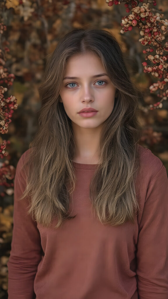 a (hyper-realistic, highly-detailed, vivid ((full-body portrait)), with ((warm highlights)) ((soft, natural light)) ((crisp details)), featuring an (extremely beautiful, mature, slim, trim, toned upper body), ((full body)), with ((dark, muted red and white berries)) that give off an (autumn glow). The scene evokes a sense of (serene, natural beauty) that makes you feel (warm and cozy) about the world around us. An ((extremely beautiful young girl with long, flowing, thick, wavy light brown hair)), with ((natural skin)), ((detailed skin)), ((perfect skin)), ((matching eyes)), ((perfect eyes)), ((perfect lips)), (((wearing a form-fitting thin, mid-neck, long, sleek, light brown shirt)) that gives off an (autumn spirit), paired with ((perfect, detailed, warm light brown hands)), (((standing in an autumnal forest))), where the ((red and white berries)) are in the foreground, ((surrounded by a cozy fall atmosphere))