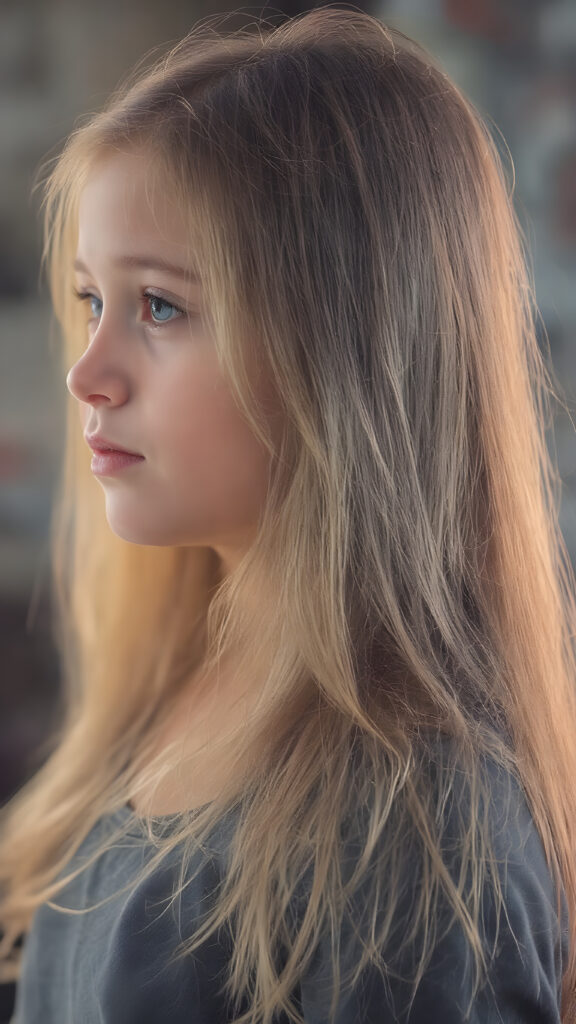 a (hyper-realistic, highly-detailed, vivid (((full body ((profile)) photo))), with ((warm glowing highlights)), ((softly backlit)), of a cute, innocent young Latin girl with long, straight soft hair, side view