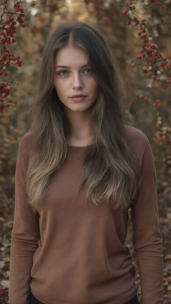 a (hyper-realistic, highly-detailed, vivid ((full-body portrait)), with ((warm highlights)) ((soft, natural light)) ((crisp details)), featuring an (extremely beautiful, mature, slim, trim, toned upper body), ((full body)), with ((dark, muted red and white berries)) that give off an (autumn glow). The scene evokes a sense of (serene, natural beauty) that makes you feel (warm and cozy) about the world around us. An ((extremely beautiful young girl with long, flowing, thick, wavy light brown hair)), with ((natural skin)), ((detailed skin)), ((perfect skin)), ((matching eyes)), ((perfect eyes)), ((perfect lips)), (((wearing a form-fitting thin, mid-neck, long, sleek, light brown shirt)) that gives off an (autumn spirit), paired with ((perfect, detailed, warm light brown hands)), (((standing in an autumnal forest))), where the ((red and white berries)) are in the foreground, ((surrounded by a cozy fall atmosphere))
