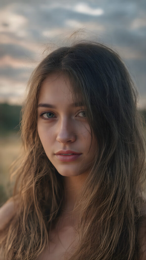 a (hyper-realistic, highly-detailed, vivid ((full body))), with ((warm highlights)) ((soft light)) from the front, of a very beautiful young woman with ((long, thick, wavy ((black hair)) with ((deep red highlights)) that gently flows down to her shoulders)), and ((detailed eyes)) that convey a gentle ((vivid happiness)) in a natural (summer setting) with ((dark, sun-touched clouds)) hanging overhead and ((beautifully detailed intricate thin lines)) of ((golden blonde)) and ((pale skin)) that suggest a (natural, warm glow) of the surroundings. It is dusk.