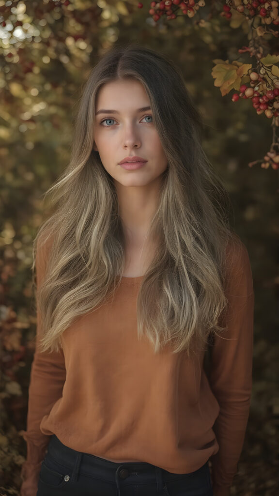 a (hyper-realistic, highly-detailed, vivid ((full-body portrait)), with ((warm highlights)) ((soft, natural light)) ((crisp details)), featuring an (extremely beautiful, mature, slim, trim, toned upper body), ((full body)), with ((dark, muted red and white berries)) that give off an (autumn glow). The scene evokes a sense of (serene, natural beauty) that makes you feel (warm and cozy) about the world around us. An ((extremely beautiful young girl with long, flowing, thick, wavy light brown hair)), with ((natural skin)), ((detailed skin)), ((perfect skin)), ((matching eyes)), ((perfect eyes)), ((perfect lips)), (((wearing a form-fitting thin, mid-neck, long, sleek, light brown shirt)) that gives off an (autumn spirit), paired with ((perfect, detailed, warm light brown hands)), (((standing in an autumnal forest))), where the ((red and white berries)) are in the foreground, ((surrounded by a cozy fall atmosphere))