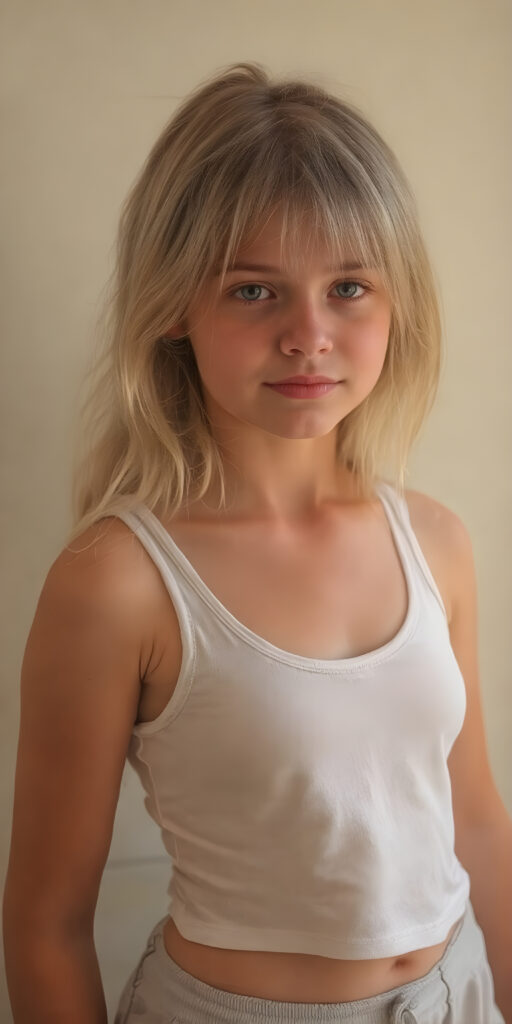 a (hyper-realistic, highly-detailed, vivid (((full body ((profile)) photo))), with ((warm glowing highlights)), ((softly backlit)), of a cute, innocent, ((skinny but toned)), ((young girl)) with a ((perfect round, plump lips)), and ((semi-long, straight, blonde, casually styled hair)), wearing a ((white short tank top)), paired with ((short pants)), in a ((natural, cheerful, happy expressions)), and ((looking directly into the camera))